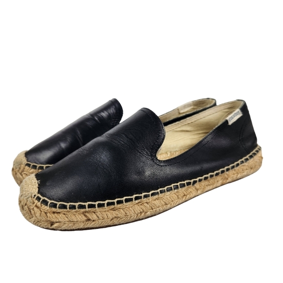 Soludos Orginial Espadrille Black Leather Slip On Loafers Women's Size 7 - Picture 1 of 16